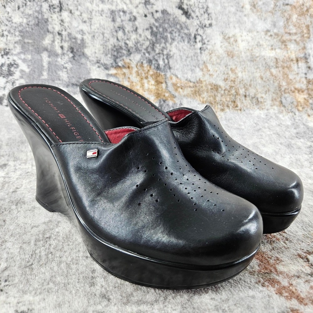 Vintage‎ Tommy Hilfiger Womens 7 Black Platform Wedge Mules Clogs Shoes 90s Y2K